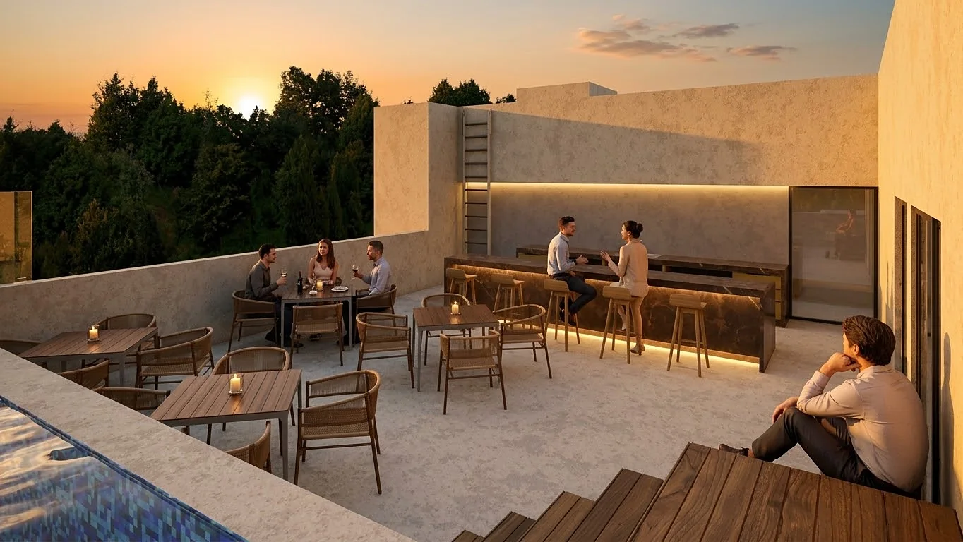 Roof de Kalún al atardecer con gente en la barra y las mesas